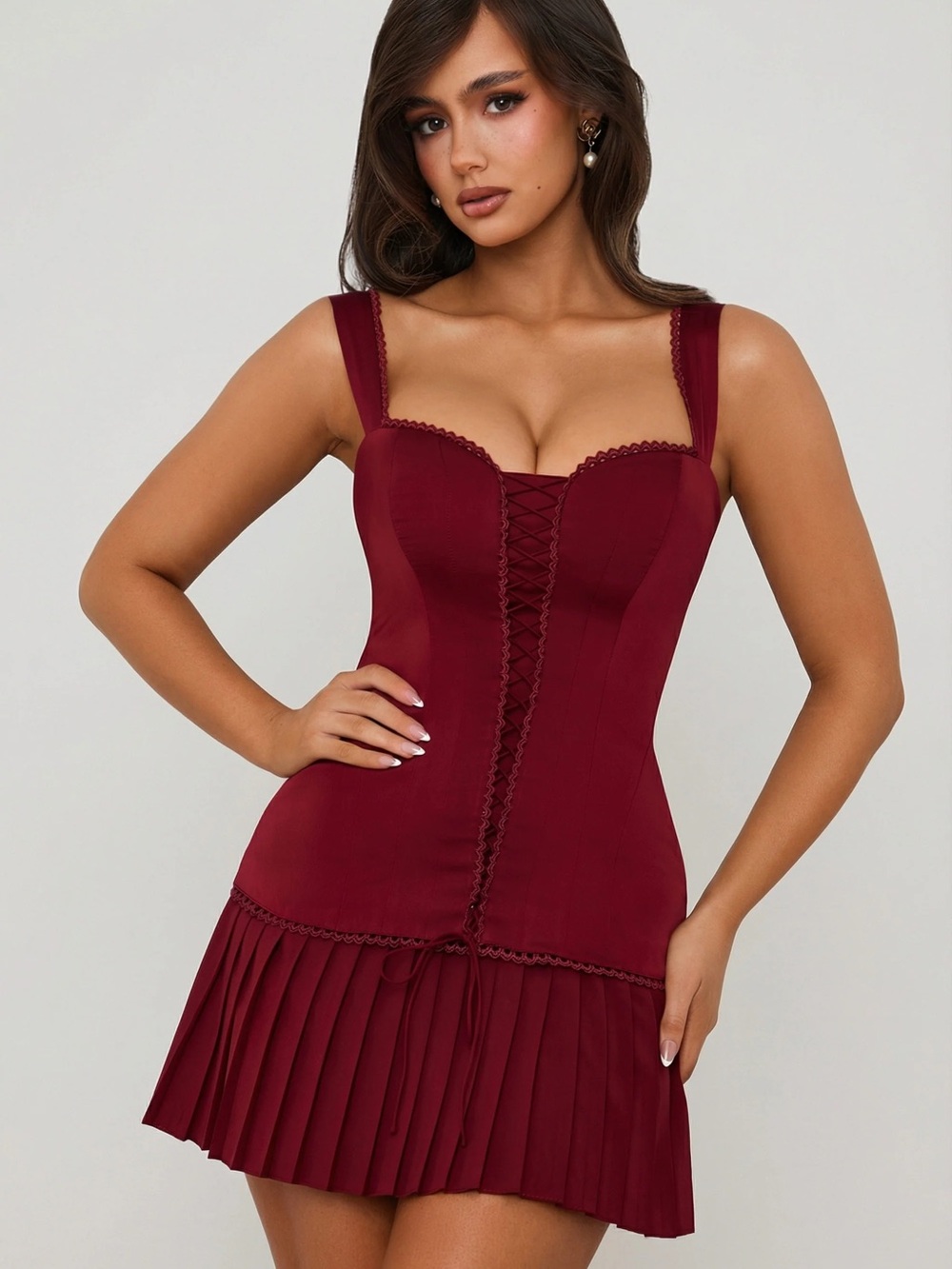Oh Polly Evangeline Burgundy Lace-Up Mini Dress